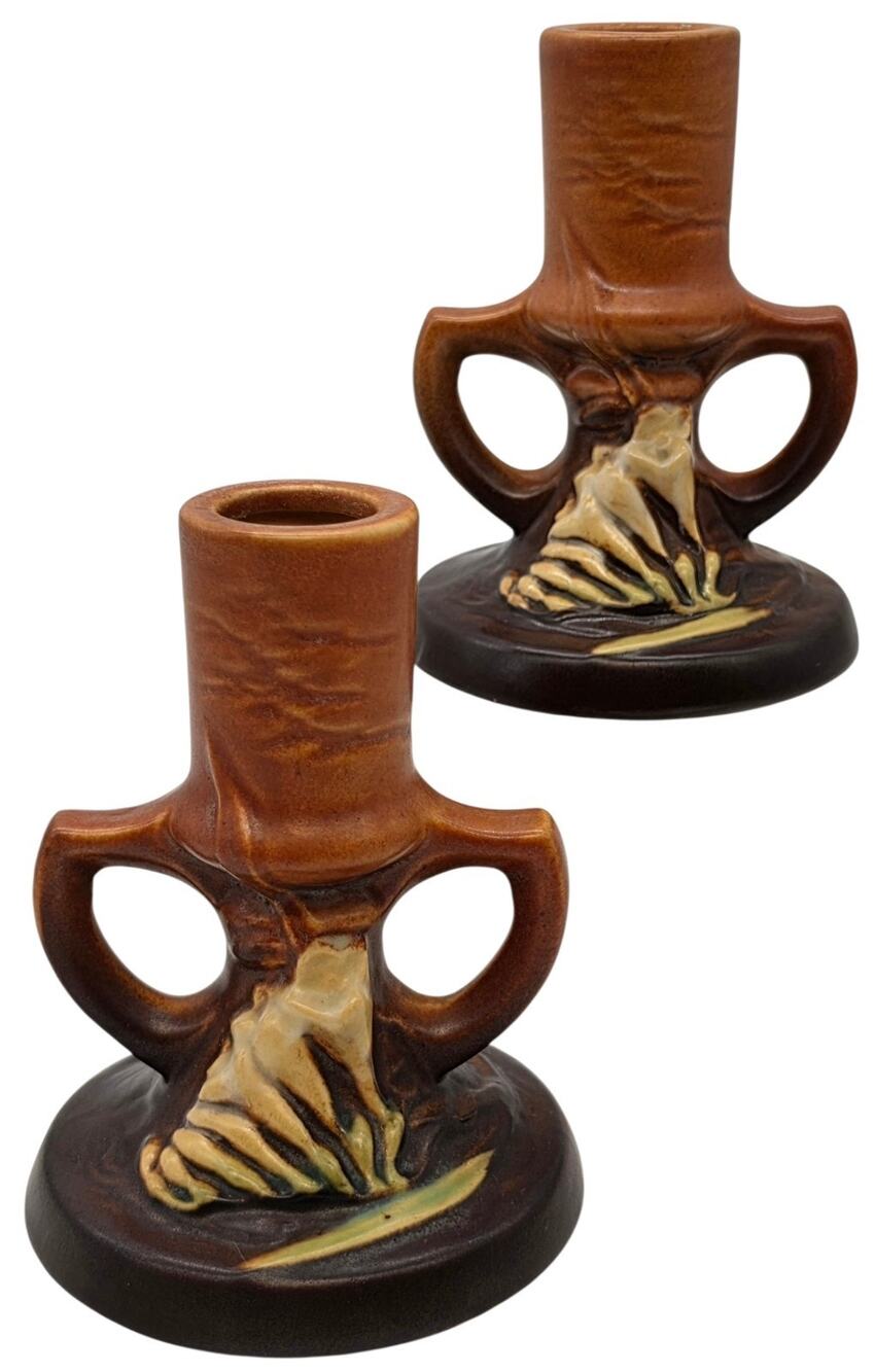 PAIR VINTAGE ROSEVILLE POTTERY BROWN FREESIA CANDLEHOLDERS 1161 - 4 1/2